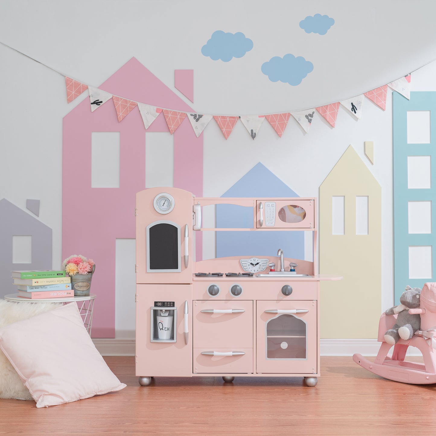 Kids Pink Wooden Play Kitchen Toy Set